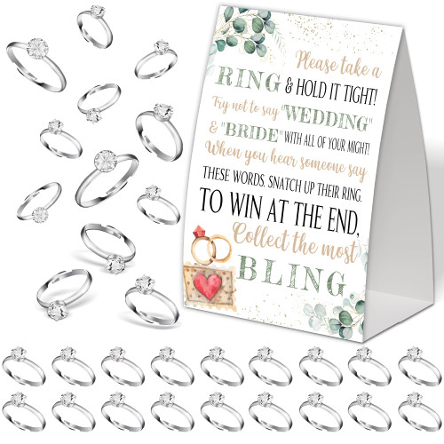 Bridal Shower Games Put A Ring on It,Bridal Shower Decorations,Wedding Game Card With Golden Dot Green Leaves,Engagement Party Games,Bridal Shower Favors,Plastic Rings for Bridal Shower Game(1)