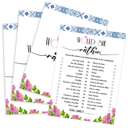 Would She Rather Bridal Shower Game,Bougainvillea Flower Bridal Shower Game Cards,Bridal Shower Games 30 Guests,Bachelorette Party Games,Wedding Games,Engagement Party Games,Shower Decoration(8)