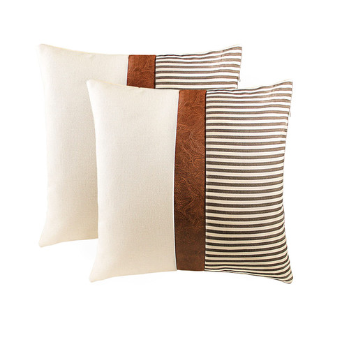 TIMDAM Farmhouse Decorative Throw Pillow Covers 18x18, Set of 2 Couch Pillow Cover for Living Room, Stripe Patchwork Linen Pillow Covers, Modern Accent Decor Square Faux Leather Throw Pillow Cases TIMDAM Farmhouse Decorative Throw Pillow Covers 18x18, Set of 2 Couch Pillow Cover for Living Room, Stripe Patchwork Linen Pillow Covers, Modern Accent Decor Square Faux Leather Throw Pillow Cases
