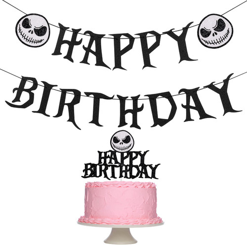 Jack Skellington Birthday Banner and Horrible Movie Cake Topper for Nightmare Before Christmas Birthday Party Decorations Horrible Movie Birthday Decorations Halloween Birthday Party Supplies