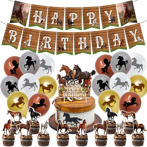 Horse Birthday Party Decoration Banner,Horse Theme Happy Birthday Banner Balloon Cake Topper Cupcake Topper for Farm Theme Horse Racing Kentucky Party Supplies (Horse)