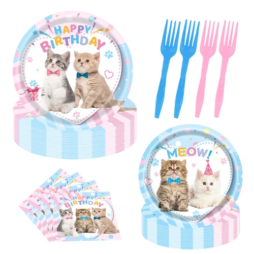 Cat Birthday Party Supplies Cat Birthday Party Decorations Cat Theme Party Tableware Set Blue and Pink Cat Party Supplies for Boy and Girl Cat Party Favors Cat Paper Plates Napkins and Forks Serve 24