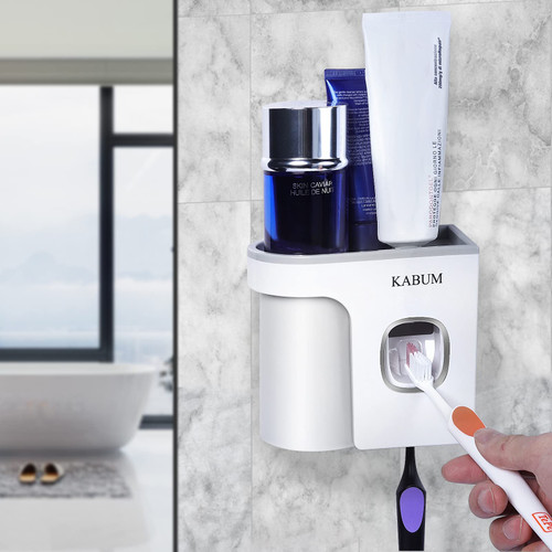 KABUM Toothbrush Holders for Bathrooms Toothpaste Dispenser - Cup Automatic Toothpaste Squeezer Wall Mounted, Ideal Bathroom Accessories Organization, Grey KABUM Toothbrush Holders for Bathrooms Toothpaste Dispenser - Cup Automatic Toothpaste Squeezer Wall Mounted, Ideal Bathroom Accessories Organization, Grey