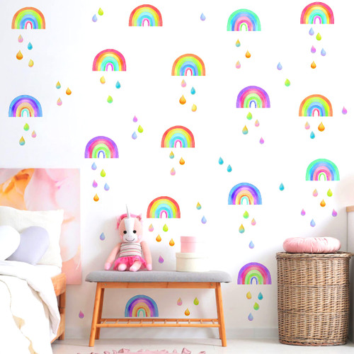 Small Rainbow Wall Decals Colorful Rainbow Wall Stickers Watercolor Rainbow Raindrop Wall Decals Kids Wall Stickers Cute Small Rainbow Wall Stickers for Bedroom Girls Nursery Decor
