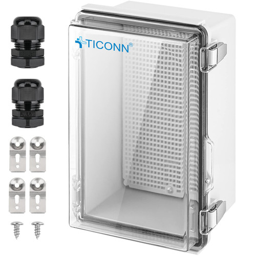 TICONN Waterproof Electrical Junction Box IP67 ABS Plastic Enclosure with Hinged Cover with Mounting Plate, Wall Brackets, Cable Glands (Clear, 10.2"x6.3"x3.9")