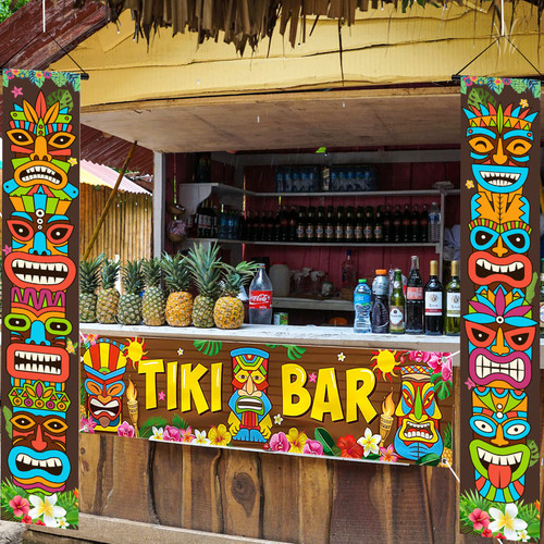 Luau Party Decorations Tiki Totem Door Banner Sign 3pcs Tiki Banner Luau Porch Hawaiian Cover for Aloha Hawaii Luau Tropical Moana Birthday Carnival Party Wall Hanging Outdoor Decor Gift