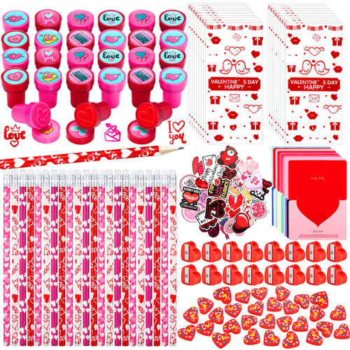 260 Pcs Valentines Day Gifts for Kids Classroom with Pencil, Stampers, Erasers, Bag, Stickers, Card and Pencil Sharpener Valentines Stationery Set, Valentines Party Favors for Kids, Game Prizes