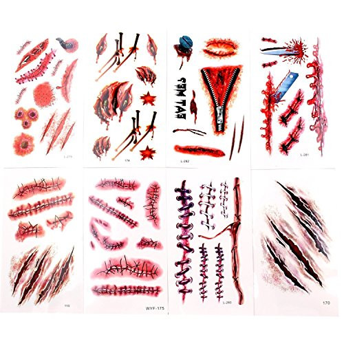Auony 8 Sheets Halloween Temporary Tattoo,Zombie Scars Vampire Bleeding Wound Scar Makeup Tattoos Stickers Party Cosplay Costume Auony 8 Sheets Halloween Temporary Tattoo,Zombie Scars Vampire Bleeding Wound Scar Makeup Tattoos Stickers Party Cosplay Costume