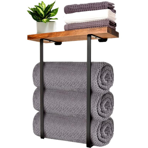 Ymeibe Towel Racks for Bathroom Wall Mounted, Bathroom Towel Holder with Wooden Shelf, Black Towel Holder for Bathroom Wall, Bathroom Towel Rack Storage for Rolled Bath Towel