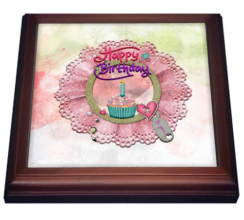 3dRose Image of Round Lace Frame, Happy Birthday, Cupcake, Heart and Candle - Trivets (trv_334389_1)