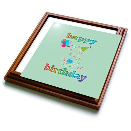 3dRose Happy 3rd Birthday, Cupcake with Candle, Balloons, Hat, Colorful - Trivets (trv_351657_1)