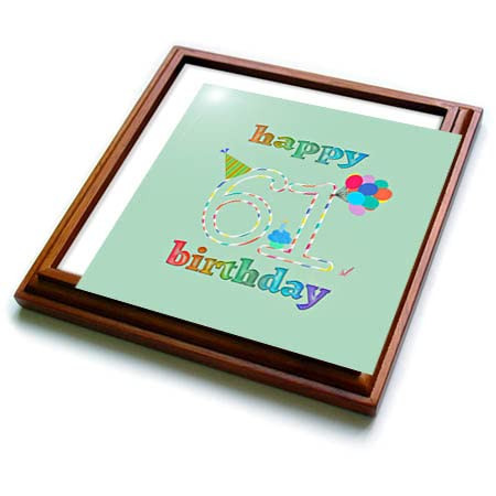 3dRose Happy 61st Birthday, Cupcake with Candle, Balloons, Hat, Colorful - Trivets (trv_351663_1)