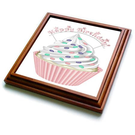 3dRose Cute Pink Happy Birthday Cupcake Illustration - Trivets (trv_354846_1)