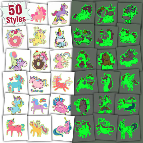 Partywind Unicorn Temporary Tattoos for Kids Party Supplies, 50 Individually Wrapped Sheets Glow Unicorn Tattoo Stickers for Party Decorations Favors, Luminous Unicorn Toys Gifts for Girls