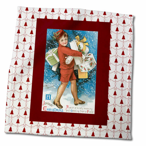 3dRose A Joyous Christmas Vintage Christmas Card on Red and White Christmas... - Towels (twl-113985-3)