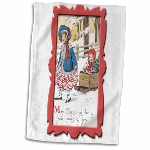 3dRose Vintage Christmas Card Little Girl Pulling a Sled with a Cute Little... - Towels (twl-126211-1) 3dRose Vintage Christmas Card Little Girl Pulling a Sled with a Cute Little... - Towels (twl-126211-1)