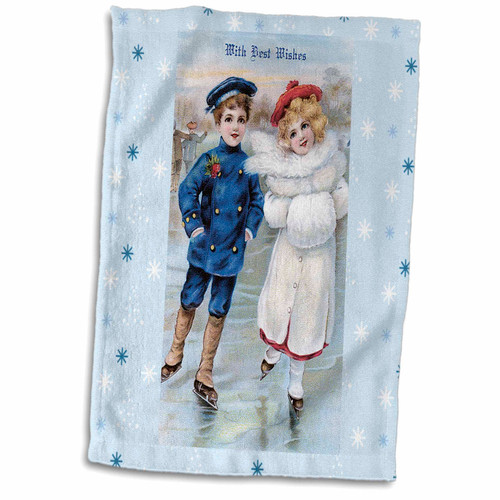 3dRose Vintage Christmas Card Young boy and Girl Iceskating With Best Wishes - Towels (twl-126212-1)