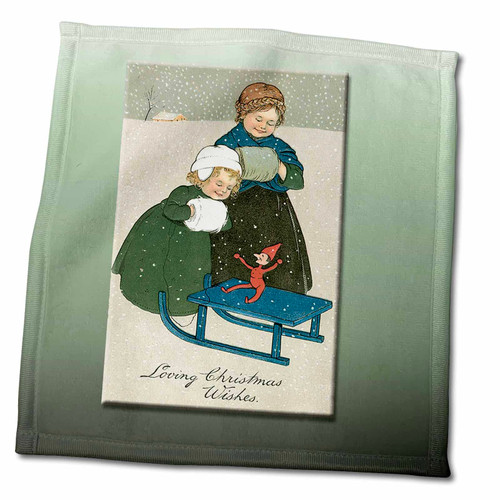 3dRose Loving Christmas Wishes Vintage Card Girls and a Sled in a Winter... - Towels (twl-153290-3)