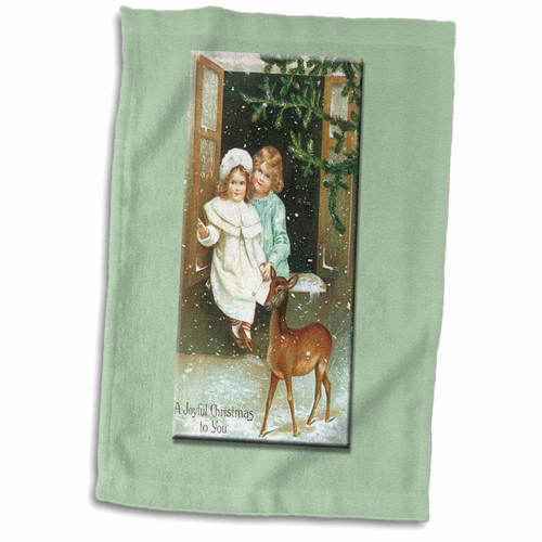 3dRose Vintage Christmas Card Two Little Girls and a Deer in The Snow - Towels (twl-153295-1) 3dRose Vintage Christmas Card Two Little Girls and a Deer in The Snow - Towels (twl-153295-1)