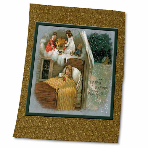 3dRose Little Girl Dreaming of Christmas Morning Vintage Card On a Gold... - Towels (twl-153544-2)