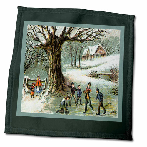 3dRose Children Ice Skating on a Pond Vintage Christmas Card - Towels (twl-153559-3)