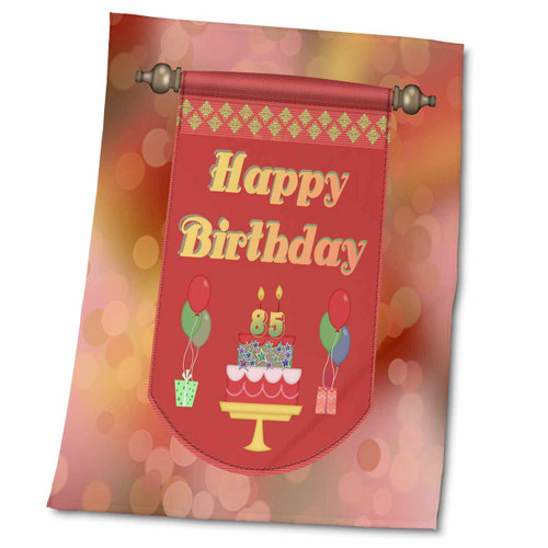 3dRose Happy 85th Birthday Banner, Cake with Gifts and Balloons - Towels (twl-186531-2)