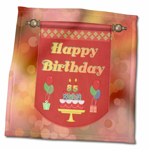 3dRose Happy 85th Birthday Banner, Cake with Gifts and Balloons - Towels (twl-186531-3)