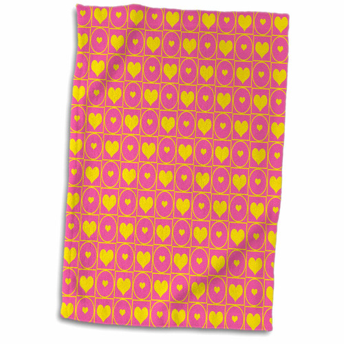 3dRose Pink and Yellow Hearts in Circles and Squares Pattern - Towels (twl-215769-1)