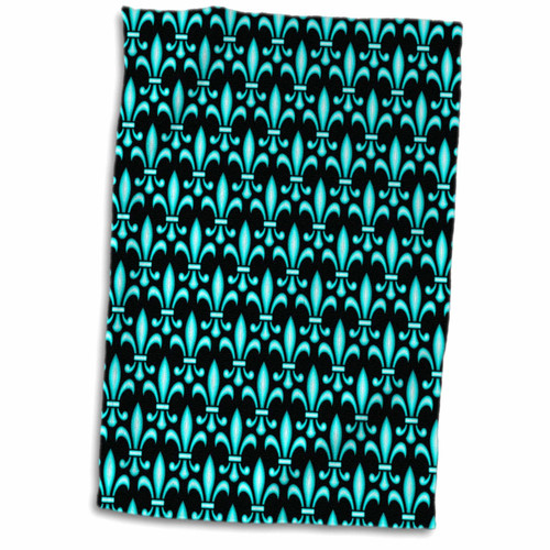 3dRose Russ Billington Patterns - Turquoise and Black Fleur de LYS Pattern - Towels (twl-220243-1)