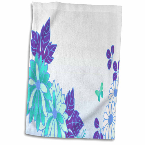 3dRose Anne Marie Baugh - Flowers - Blue and Aqua Flowers with A Butterfly - Towels (twl-222444-1)