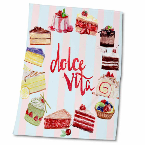 3dRose Dolce Vita - Small Pastel Stripes Pattern Cakes Wreath and Typography - Towels (twl-275479-2)