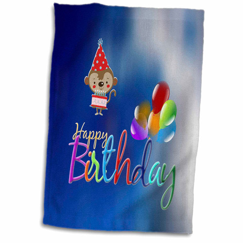 3dRose Image of Monkey Wearing Hat and Cake, Happy Birthday, Balloons, Blue - Towels (twl-329220-1)