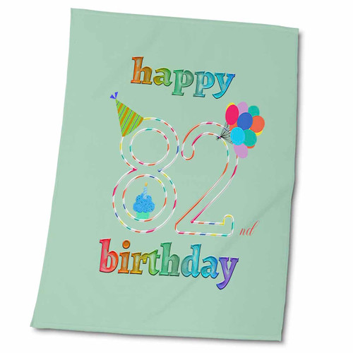 3dRose Happy 82nd Birthday, Cupcake with Candle, Balloons, Hat, Colorful - Towels (twl-352184-2)