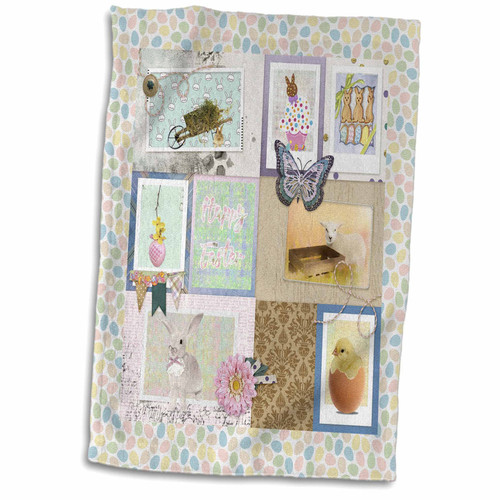 3dRose Image of Easter Bunny, Eggs, Lamb, Cup Cake, Chicks, Collage, Pastels - Towels (twl-356355-1)