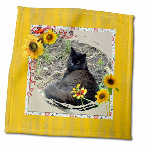 3dRose Black Turkish Angora Cat in Sunflower Frame, Yellow - Towels (twl-357842-3)
