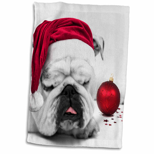 3dRose Sleeping Bulldog in a Santa Hat Christmas Card photo courtesy of... - Towels (twl-62826-1)