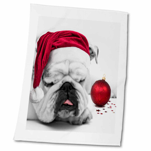 3dRose Sleeping Bulldog in a Santa Hat Christmas Card Photo Courtesy of... - Towels (twl-62826-2)