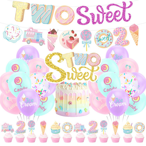 Two Sweet Birthday Party Decoration Set Include Two Sweet Banner, Donut and Ice Cream Banner, Cake Topper and Balloon for Ice Cream/Donut Theme Party Supplies, Baby Shower, Two Sweet Baby 2nd Birthday Two Sweet Birthday Party Decoration Set Include Two Sweet Banner, Donut and Ice Cream Banner, Cake Topper and Balloon for Ice Cream/Donut Theme Party Supplies, Baby Shower, Two Sweet Baby 2nd Birthday