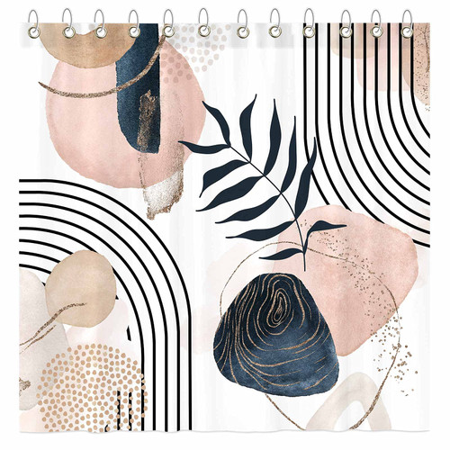 Funnytree Abstract Shower Curtain Set with Hooks Geometric Floral Plant Neutral Bathroom Minimalist Modern Art Mid Century Bathtub Decor Easy Care Washable Durable Polyester Fabric 72"x72"