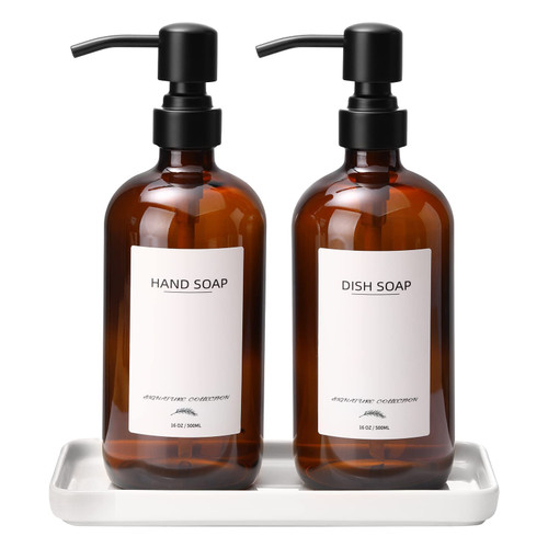 Glass Soap Dispenser with Ceramic Vanity Tray and Stainless Steel Pump, Kitchen Soap Dispenser Set with 12 Waterproof Labels, Dish Soap and Hand Soap Dispenser for Kitchen Bathroom Farmhouse