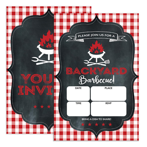 UDNADKEX Backyard BBQ Party Invitations with Envelopes, Barbecue Summer Birthday Housewarming Invites for Adults, Grill Picnic Cookout Invite Cards, Red Check Plaid, 4"x6" Set of 20