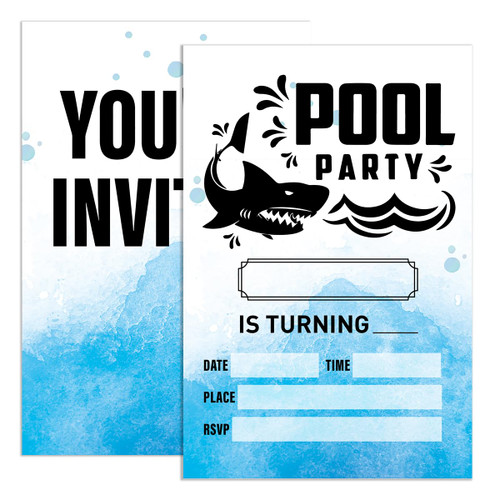 UDNADKEX Birthday Invitations Pool Party for Boy with Envelopes, Invites for Birthday Summer Party Shark, Swimming Party Birthday Invite Cards, Shark Pool Party, 4"x6" Set of 20