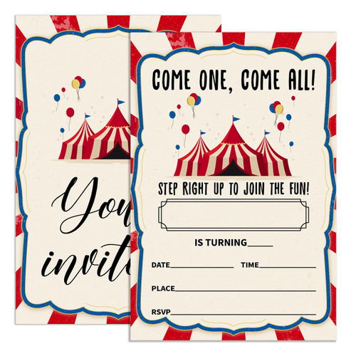 UDNADKEX Carnival Birthday Invitations for Boys Girls with Envelopes, Invites Cards for Carnival Circus Birthday Party, 4"x6" Set of 20