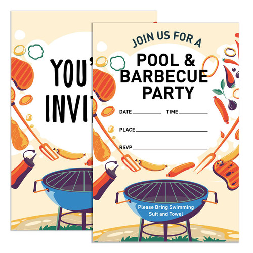 UDNADKEX Pool & BBQ Party Invitations with Envelopes, Summer Barbecue Cookout Party Invites, Backyard Picnic Invite Cards, Pool & Barbecue Party, 4"x6" Set of 20