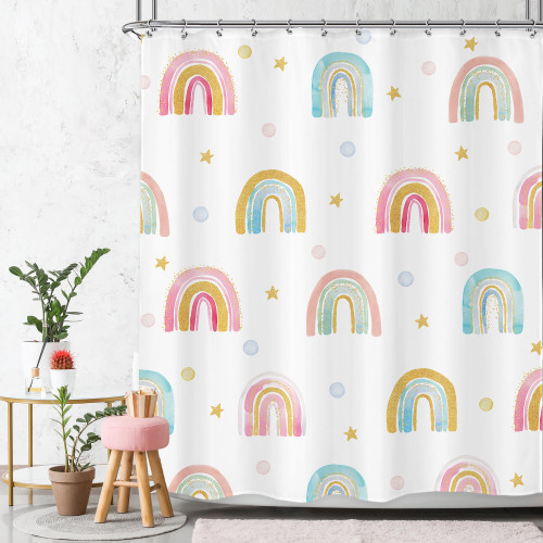 Ufeela Boho Rainbow Shower Curtain 60Wx72L Inch Kids Girls Shower Curtain Bathroom Set Cartoon Cute Watercolor Pink Polka Dot Cute Lovely Simple Child Bath Curtain Bathtub Accessories Home Decor