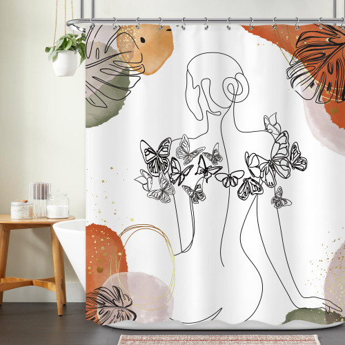 Ufeela Abstract Woman Shower Curtain, Mid Century Modern Shower Curtain, Aesthetic Butterfly Shower Curtain, Minimalist Boho Leaf Shower Curtain Set for Girls Bathroom Accessories Home Decor 60Wx72L