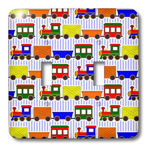 3dRose lsp_25425_2 Cute Train Print Primary Colors Blue Stripe Background Double Toggle Switch