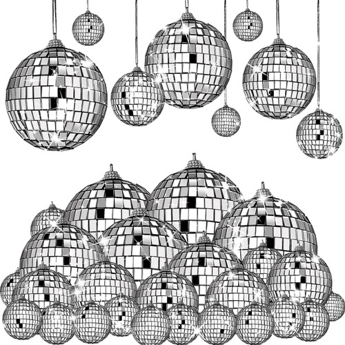 30 Pcs Hanging Mirror Disco Ball, DILIBRA Reflective Glass Disco Balls Christmas Tree Ornaments, Mini Silver Disco Ball Party Supplies for Halloween Festive Holiday Cake Decoration