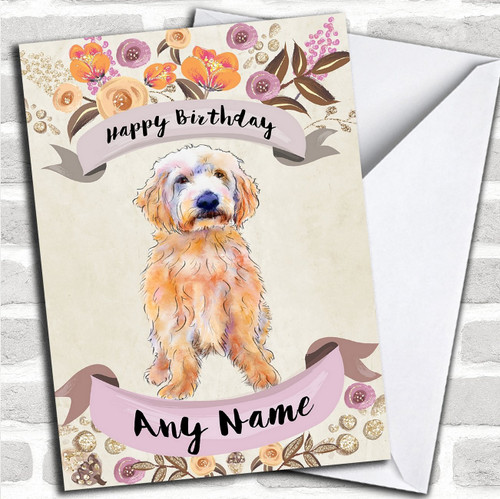 Rustic Gold Dog Labradoodle Personalized Birthday Greetings Card