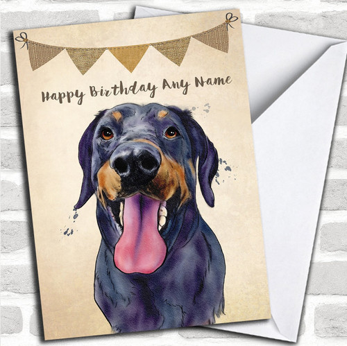 Vintage Burlap Bunting Dog Doberman Personalized Birthday Greetings Card